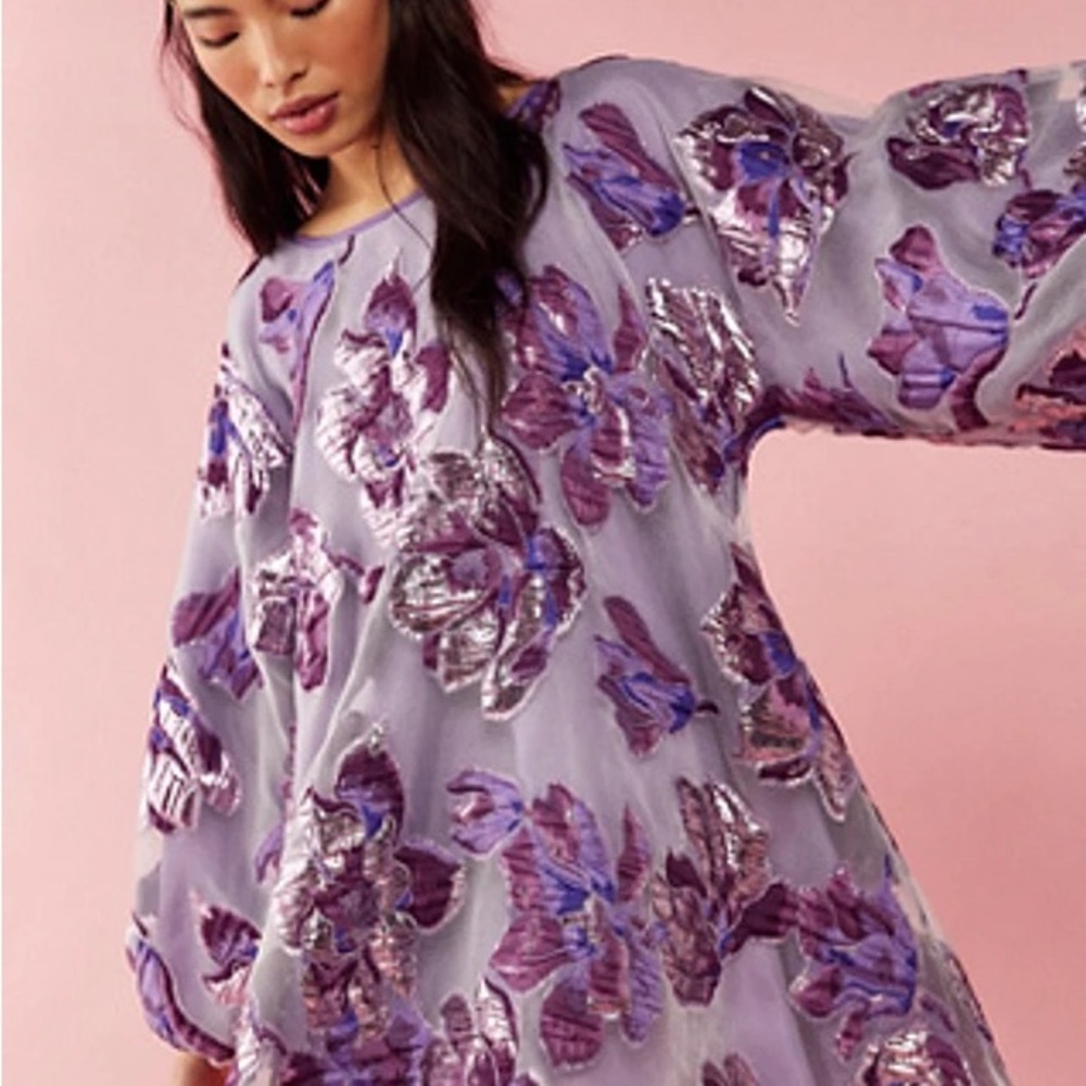 ISO | Free People Arianne Elmy Berry Magnolia Floral Organza Good Luck Dress